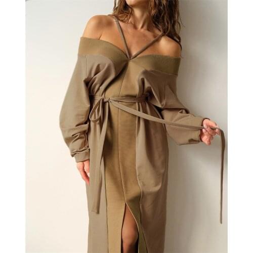 Sexy V-neck womens straight tube dress Patchwork lace up Khaki dress High street fashion ankle skirt Home dress 2020 Long Dress