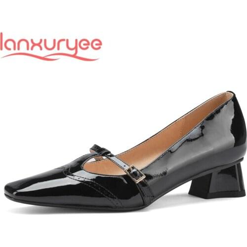 Lanxuryee patent leather square toe med heels Mary janes three colors Korean street beauty lady dating charming women pumps L02