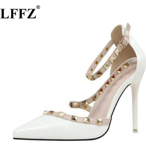 Lzzf Simple Sexy Party 10CM High-heeled Shallow Mouth Pointed Rivets Womens Shoes pumps Ankle Strap High Heel Shoes woman