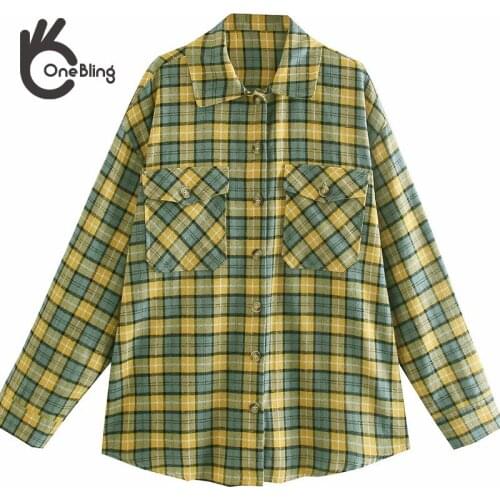 OneBling Za Woman 2021 Casual Traf Tops Oversized Autumn Drop Shoulder Plaid Blouses Pockets Curved Hem Loose Checked Shirt