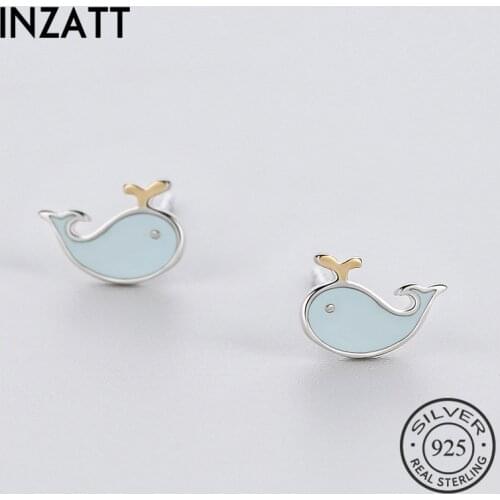 INZATT Enamel Real 925 Sterling Silver Blue Whale Stud Earrings Fashion For Women Birthday Party Fine Jewelry Accessories Gift