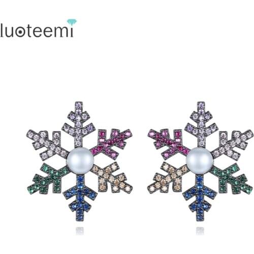 LUOTEEMI New Luxury Colorful CZ Snowflake Stud Earrings for Women Party Fashion Jewelry Pearl Splinter Pendientes Christmas Gift