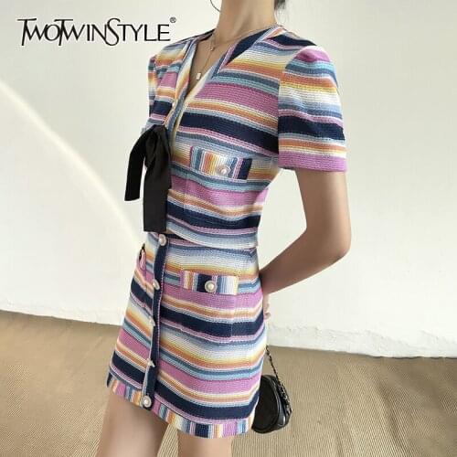 TWOTWINSTYLE Sweet Two-piece Sets For Female V Neck Short Sleeve Lace Up Bowknot Bowknot Top With High Waist Skirt Womens Set