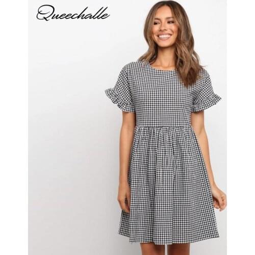 Vintage Black Plaid Dress for Women Summer 2021 Casual Round Neck Ruffle Short Sleeve A-line Dress Female Midi Pleated Vestidos