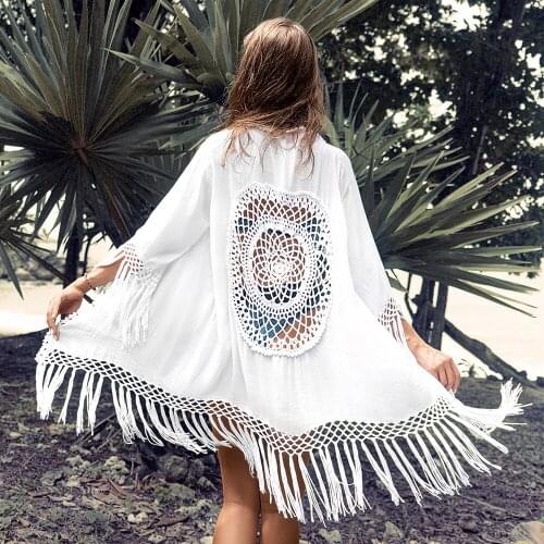 2021 Summer Bohemian Fringe Beach Cover-Up White Bikini Long Cardigan Crochet Hollow Out Sexy Kimono Swimwear Holiday Outing New