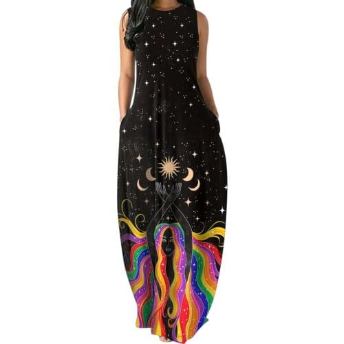 40# Sun Moon Print Dresses Women Summer Sleeveless Plus Size Pullover Dresses O-neck Long Dresses Vestidos Longos De Verao