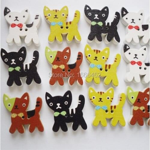 50PCs 2 Holes Mixed Cat Pattern Wooden Buttons Sewing and Scrapbook 2.4x2.3cm Scrapbooking Sewing Accessories