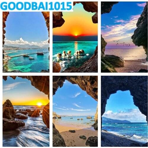 Diamond Embroidery Full Drill Seaside Sunset Cliff Cave Scenery Cross Stitch Kits 5D DIY Diamond Painting Mosaic Art Home Decor