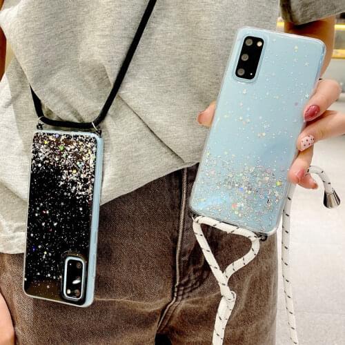 Shining Glitter Stars Sequins Clear Case for Samsung A72S A71 A51 5G A21S A21 A31 A41 A91 A81 Epoxy Hanging Rope Soft TPU Cover
