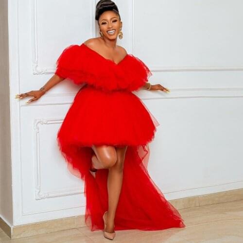 High End Red Tulle High Low Prom Gowns Aso Ebi Long Women Birthday Party Dresses V-neck Puffy Wedding Guest Formal Dress