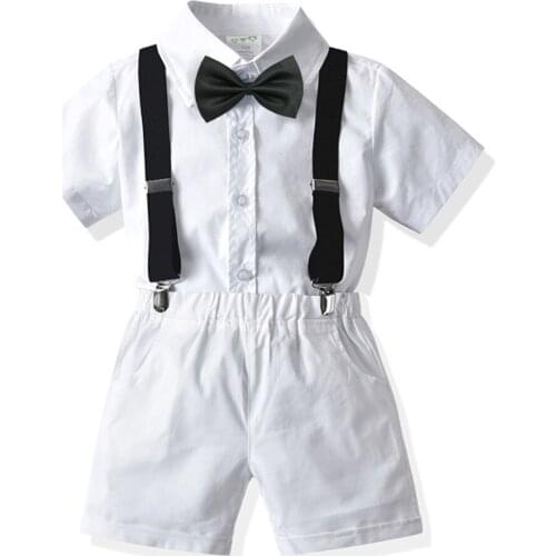 White Summer Kids Boys Clothing 1 to 7 Years Children Sets Shirt + Shorts with Belt Bow 4 Pieces Outfit for Baby Toddler Costume