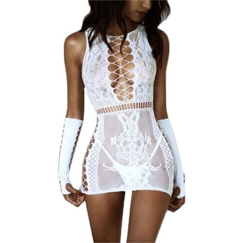 Lace Transparent Dress Women Hollow Out Mesh Floral Bodycon Mini Dress Thong Set Babydoll Women Exotic Dress Vestidos Sexy Mujer