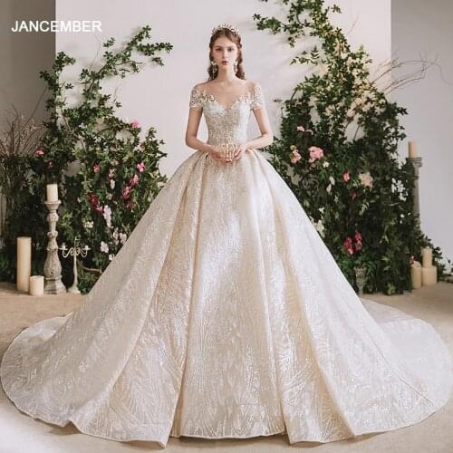 LDR48 Light Champagne Color Luxury Wedding Dress 2021 Bridal Elegant Trailing Short Sleeve Transparent Applique Printed Dress