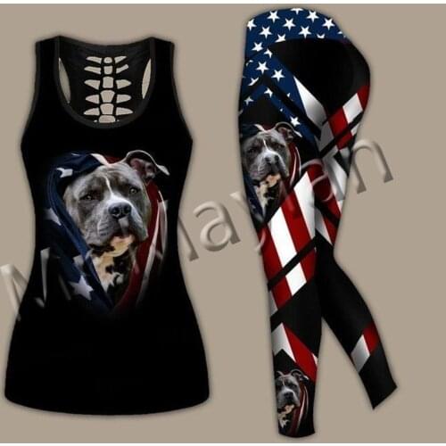 Fashion 3D Print Animal Staffordshire Bull Terrier Leisure Women Hollow Tank top $ Leggings For Hipster Female Sexy Vest Clothes
