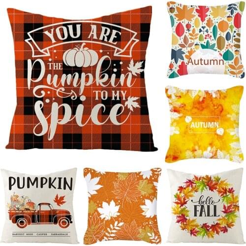 Map Leaf Atumn Linen Cushion Cover Flax Pumpkin Pillow Case Thanksgiving Home Decor Living Room Sofa Plaid Pillowcase Flower