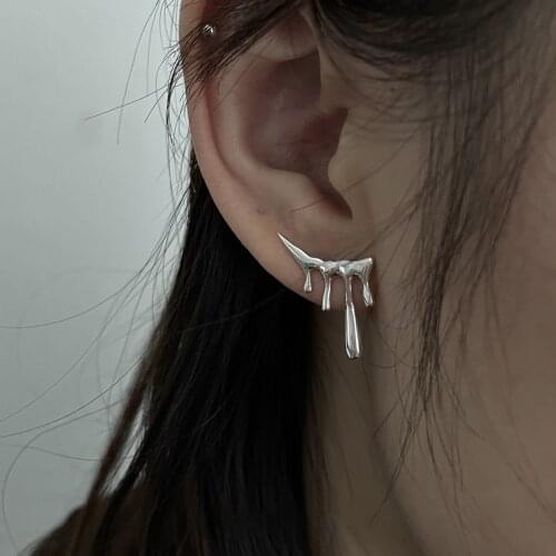 Lifefontier Punk Silver Color Metal Water Drop Stud Earrings for Women Geometric Irregular Lava Shaped Earrrings Jewelry Gift