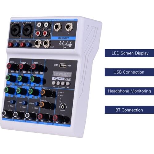 Muslady 4-Channel Audio Mixer Mixing Console LED Screen with Built-in Sound Card Support USB BT Input 3.5mm Headphone Monitoring
