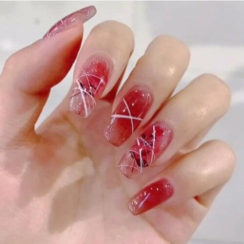 24pcs Fake Stick On Nails Red Nail Patch Glue Type Removable Long Paragraph Fashion Manicure Save Time False Nail Patch Tn