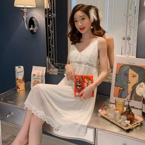 Summer Cotton Nightdress Womens Chest Pad Thin Sling Sexy Nightgown Lace Palace Princess Style Home Clothes Female Sleepwear