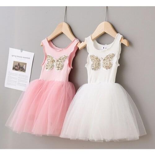 New Summer Princess Girls Dress Sleeveless Vest Mesh Dress Cute Sequined Bow Ball Gown Dresses DT371