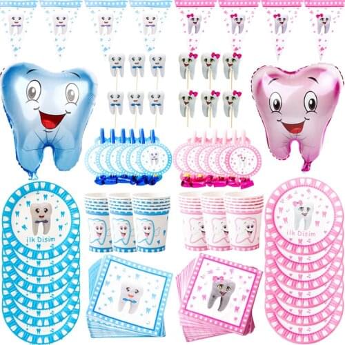 Kids First Tooth Party Disposable Tableware Baby Teeth Pattern Paper Cups Plates Napkins Theme Party Supplies Decorate