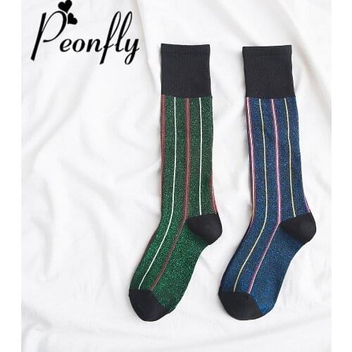 PEONFLY Novelty Shining Socks Women Autumn Winter Fashion Gold Silver Silk Stripes Socks Female Cotton Short Socks Blue Green