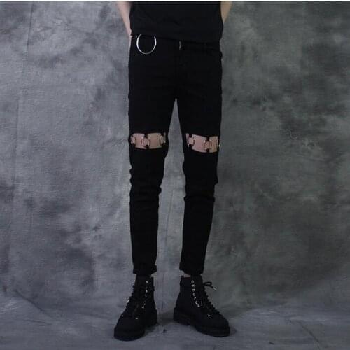 Perspectivity hollow summer personality cutout metal ring decoration mens skinny jeans men pants slim trousers black novelty