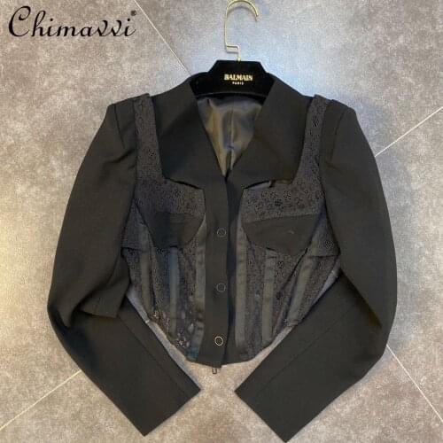 2021 Autumn Sexy V-neck Long Sleeve Cinched Patchwork Lace Blazer Suit Black Short Womens Jacket High Street Chaquetas Mujer