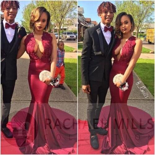 African Sexy Burgundy Mermaid Prom Dresses 2021 Deep V Neck Robe De Bal Custom Made Special Occasion Dress Formal Party Gowns