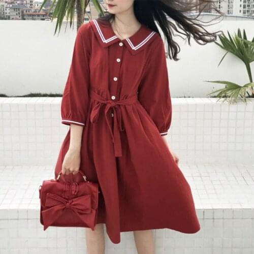 Japanese Spring Summer Women Vintage Princess Lolita Dress Student Sailor Collar Preppy Style Girls Cute Waist Bandage Dresses