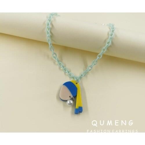 QUMENG 2021 Unique Creative Personality Acrylic Girl Abstract Face Pearl Pendant Necklace Trend Women Daily Jewelry Wear Gifts