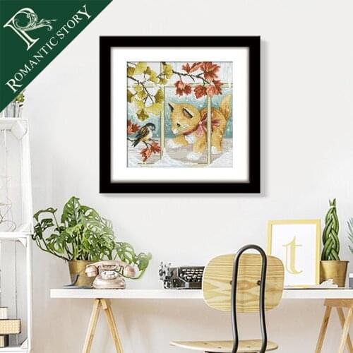 Romantic Story Cute Kitten and Bird Paintings Counted DIY Cross Stitch Cotton Fabric Embroidery Cross Stitch Kits Needlework
