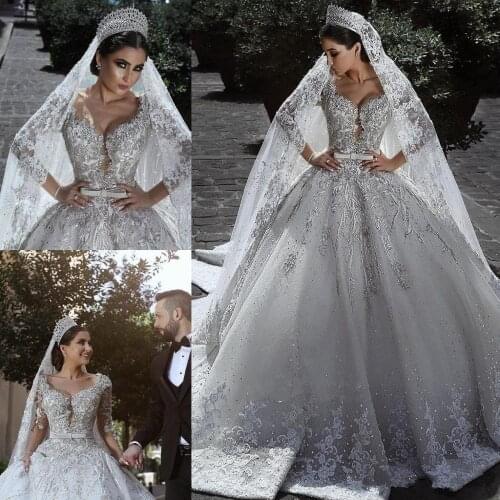 Glamorous Long Sleeve Ball Gown Wedding Dresses 2019 Beads Lace Appliques Bridal Gowns Arabic Muslim Wedding Dress Custom Made