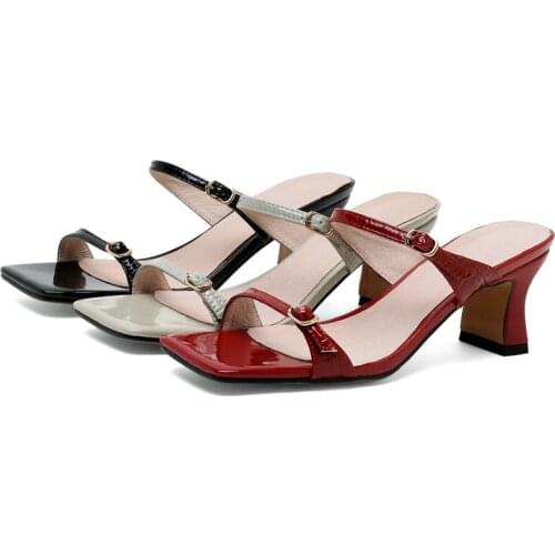 Black Red Gray Womens Shoes New Sandals Fashion Buckle Square High Heel Sandals Summer Open Toe Dress Slippers