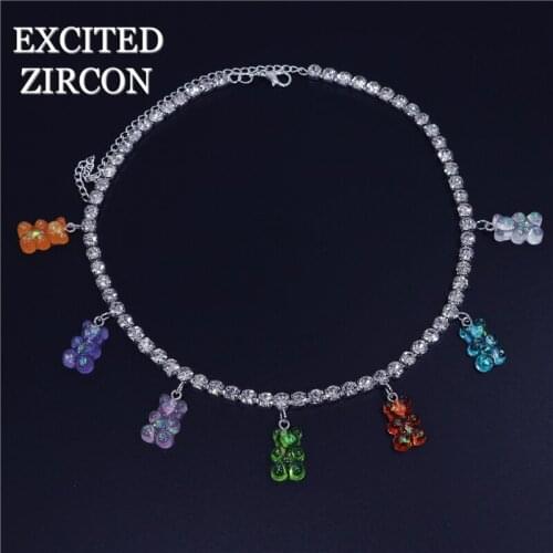 Bling Rhinestone Cute Bear Necklace Chain Women Statement Elegant Crystal Choker Pendant Necklace Wholesale Collar Jewelry