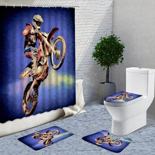 Motorcycle Pattern Racing Car Extreme Sport Gouache Shower Curtains 4 Sets Bath Mats Rug Decor Carpet Toilet Cover Lid Cushion