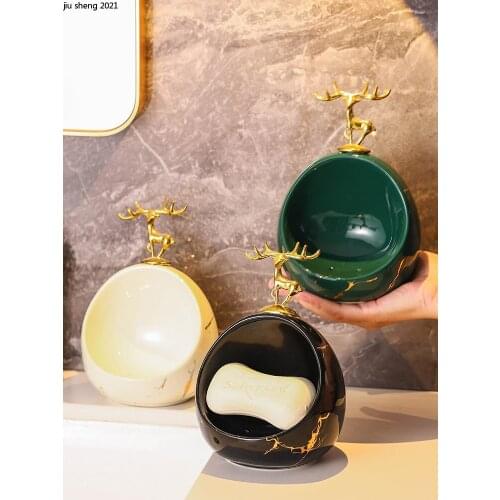 Modern Ceramic Marbled Soap Dish Creative Household Deer Head Drain Soap Box High-end Bathroom Storage Rack Bathroom Accessories