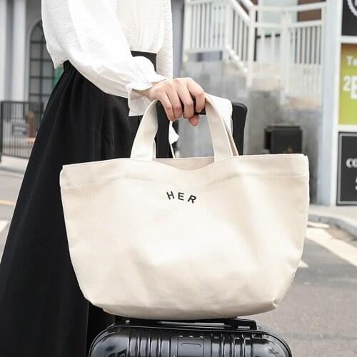 New Korean Version Simple Canvas Handbag Net Red Fashion Drawstring Handbag Leisure Literature Letter Printing Womens Bag