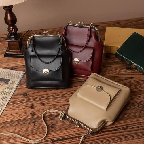 High Quality PU Leather Vintage Solid Pocket Shell Bags 2 Straps Women Shoulder Crossbody Bag Kiss Lock Womens Handbags Purses