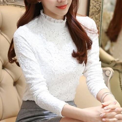 Women Blouse Lace Autumn Winter Ruffled Turtleneck Long-Sleeve Womens Top White Blouse Shirts Ropa De Mujer