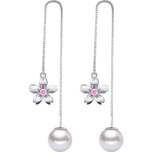 Hot Sale Design Fashion Cherry Blossoms Flowe Pearl Crystal 925 Sterling Silver Drop Earrings for Women Jewelry Gift