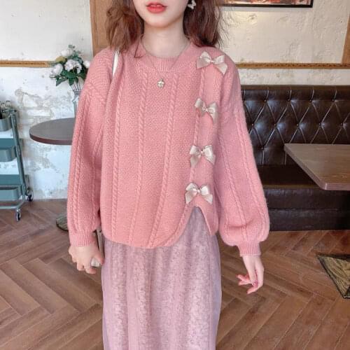 Korobov Vintage Japanese Sweet Women Pullovers Sweaters 2021 New Chic Bow Knitted Sueter Mujer O Neck Long Sleeve Jumper Femme