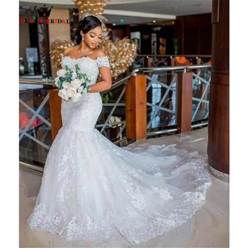 Sexy Wedding Dress 2021 Mermaid Cap Sleeve Long Train Tulle Lace Flowers Formal Bride Dress Custom Made KW44