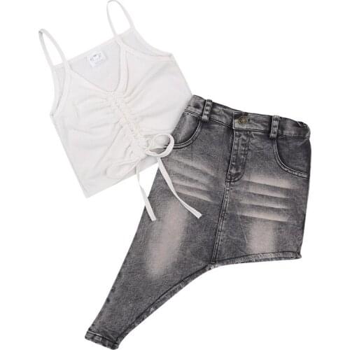 1-6Year Summer Fashion Kids Girl Clothing Sleeveless Drawstring Pleated Sling Rib Knitted White Crop Tops+Declining Denim Skirts