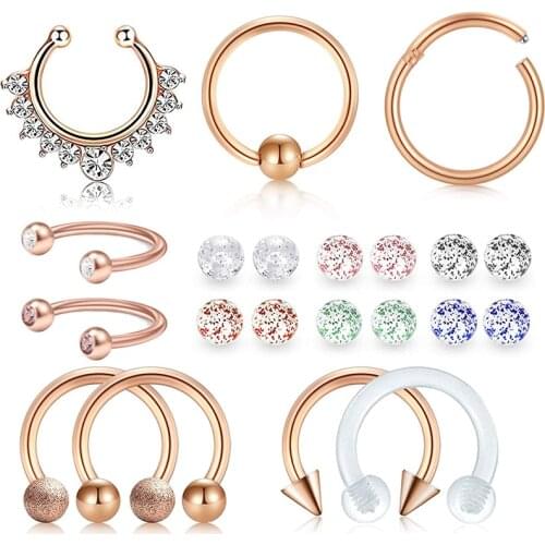 16g Fake Septum Rings Piercing Nose Rings Hoop Lip Daith Cartilage Tragus Earrings Retainer with Replacement Glitter Balls