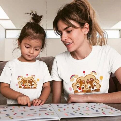 Family Look White Tshirts Mother Daughter Matching Tees Father Son Summer Sleeved Mommy and Me CHIP AND DALE Clothes Outfits