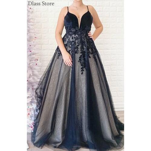 Black Prom Dress A-line Sweep Train Spaghetti Straps V-neck Appliques Sexy Backless Tulle Evening Dress платья знаменитостей