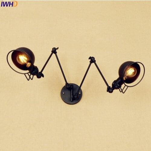 Rustic Antique Retro LED Wall Light 2 Heads Edison Loft Industrial Vintage Wall Sconce Swing Long Arm Wall Lamp Apliques Pared