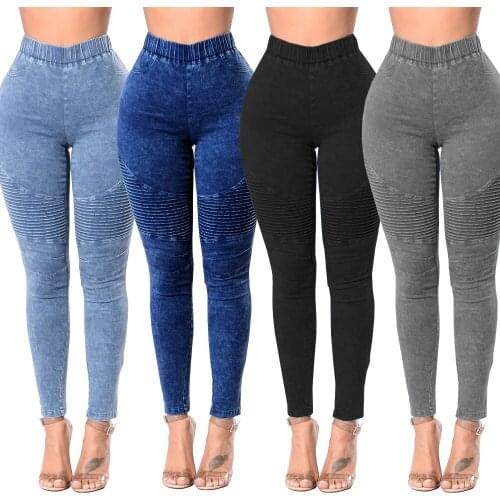 Women Solid Wrinkled High Waist Hip Pants Elastic Waist Skinny Jeans Full Length Tight Pencil Pants Lady Washed Denim Trousers