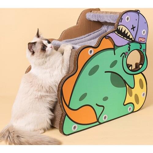 Dinosaur Pattern Cat House With Scratching Pad Outside 2 In 1 Cat Nest Scratcher Toy Cute Cozy Cat Bed Mat Scratching Toy